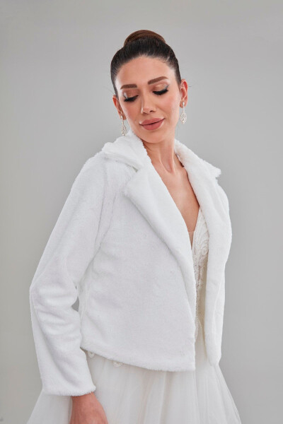 Bridal Fur Stole, Women's White Long-Sleeved Fur Dress Bridal Bolero, Stole Cape - 1