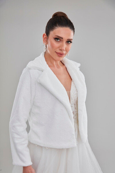 Bridal Fur Stole, Women's White Long-Sleeved Fur Dress Bridal Bolero, Stole Cape - 3