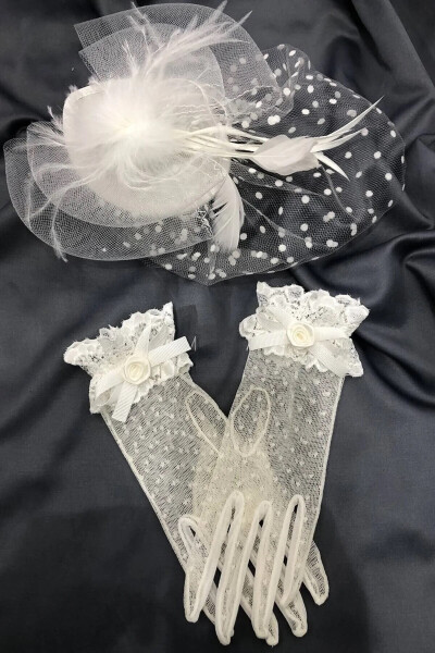 Bridal Glove with Rose and Lace Detail and Veil Wedding Hat - 4