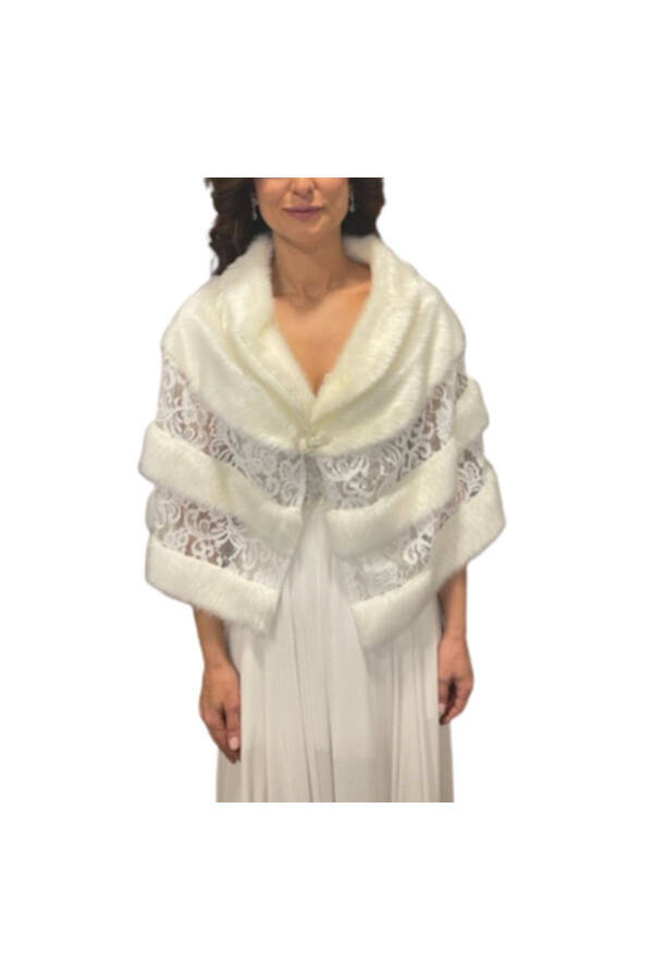 Bridal Stole Fur Bolero with Brooch and Lace Details - 1