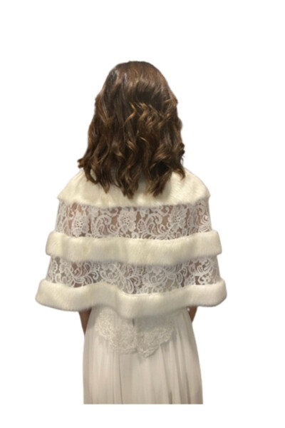 Bridal Stole Fur Bolero with Brooch and Lace Details - 2