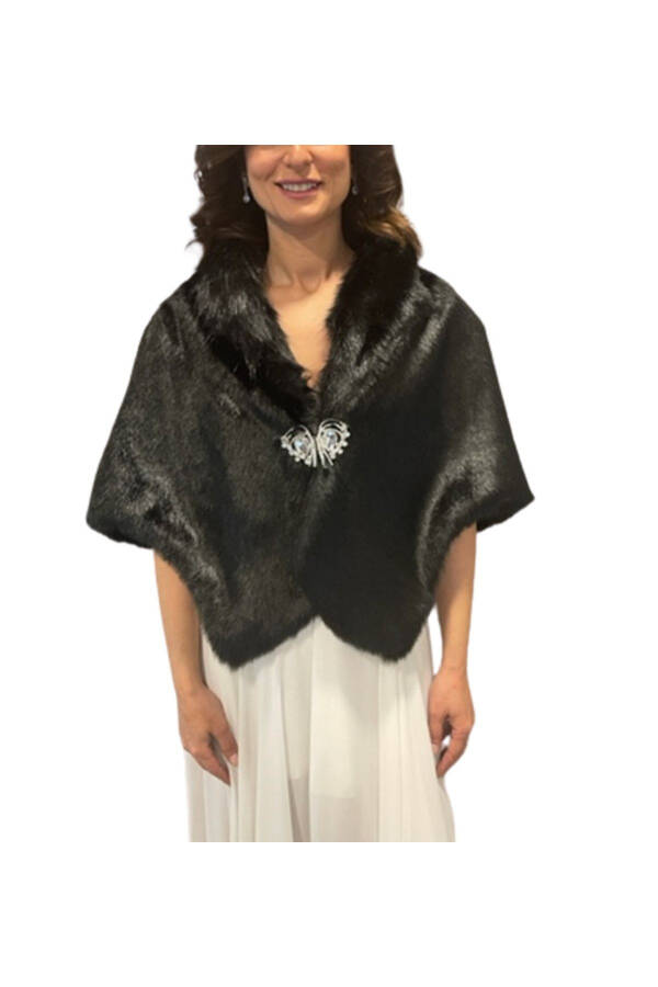 Bridal Stole Fur Bolero with Diamond Detail Brooch - 1