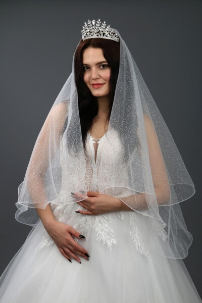 Bridal Veil Sequined Two-Layered Long Layer 1 Mt Short Layer 60 Cm Off White With Comb - 58