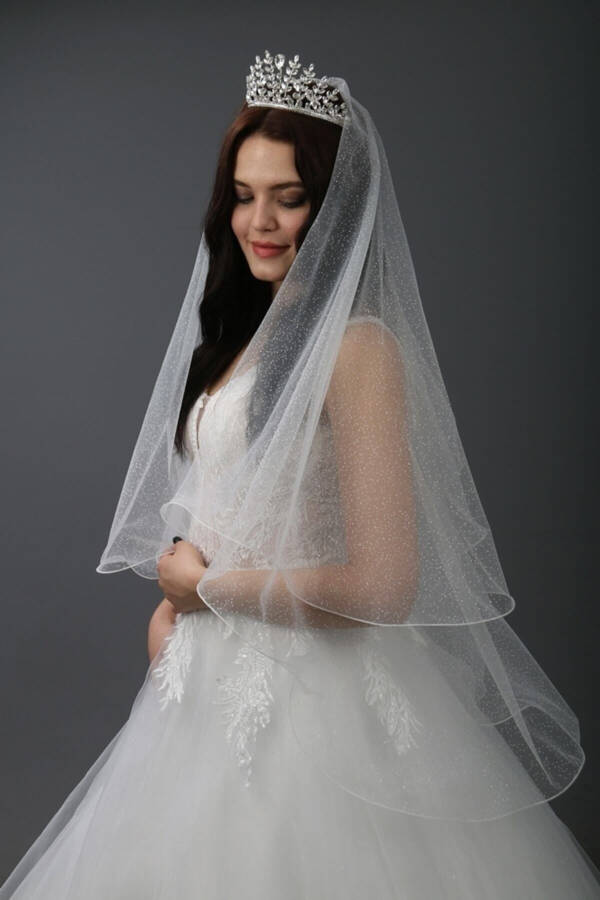 Bridal Veil Sequined Two-Layered Long Layer 1 Mt Short Layer 60 Cm Off White With Comb - 60