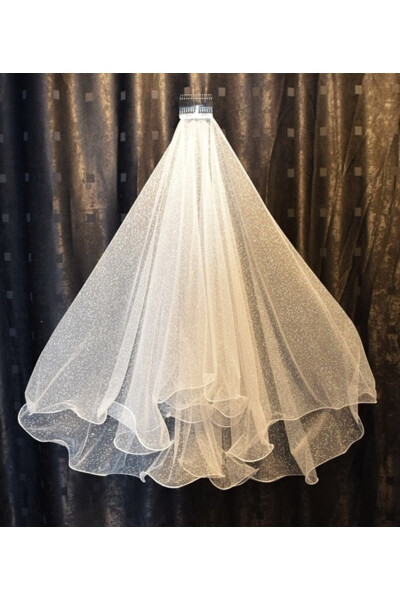 Bridal Veil Sequined Two-Layered Long Layer 1 Mt Short Layer 60 Cm Off White With Comb - 63