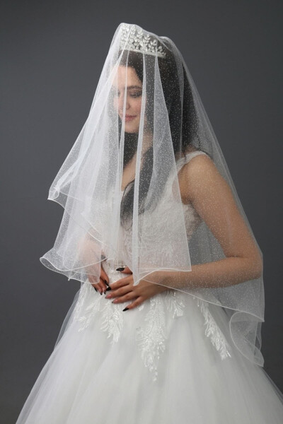 Bridal Veil Sequined Two-Layered Long Layer 1 Mt Short Layer 60 Cm Off White With Comb - 35