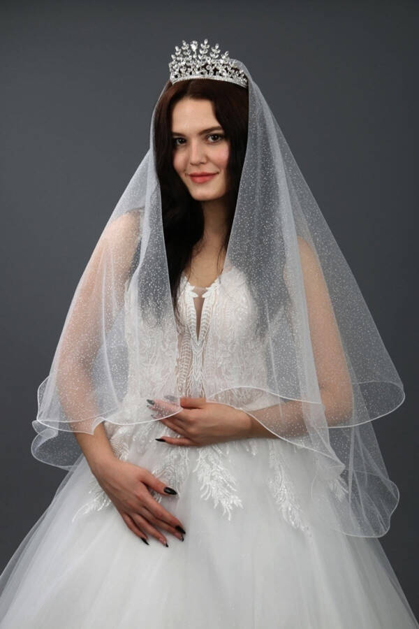 Bridal Veil Sequined Two-Layered Long Layer 1 Mt Short Layer 60 Cm Off White With Comb - 26