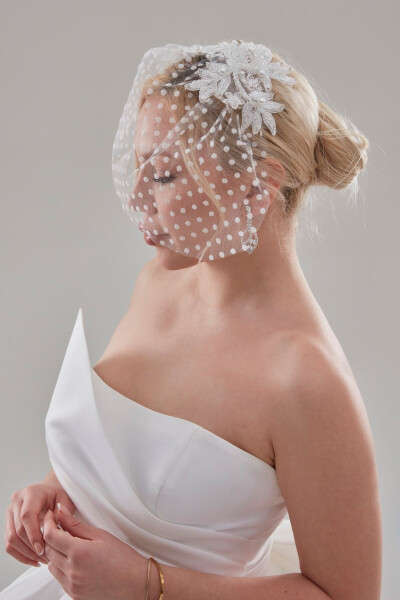 Bridal Veil, White Polka Dot Bridal Veil Wedding Hat - 1