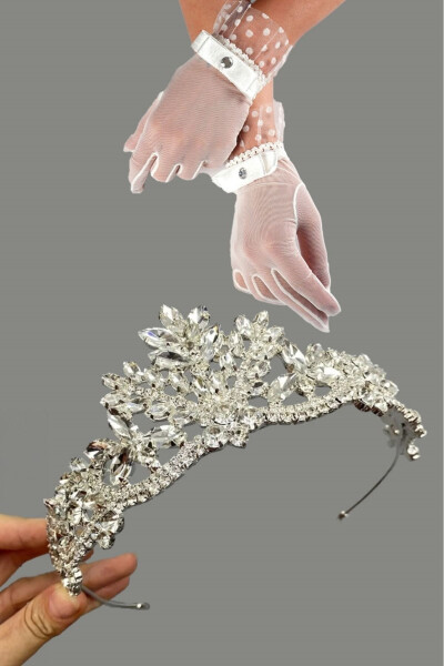 Bridal Wedding Gloves and Henna Wedding Crown Crystal Stone Bridal Crown - 8