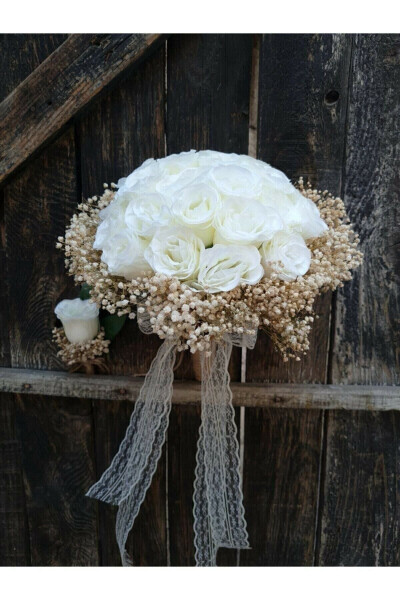 Bride's Bouquet with Chocolate-Dipped Cream Rose Groom's Boutonniere - 1