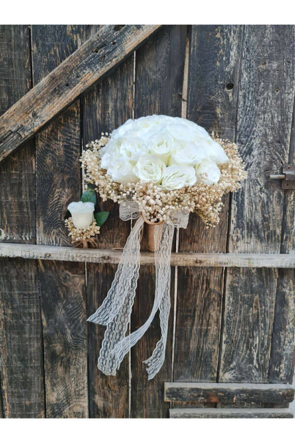 Bride's Bouquet with Chocolate-Dipped Cream Rose Groom's Boutonniere - 2