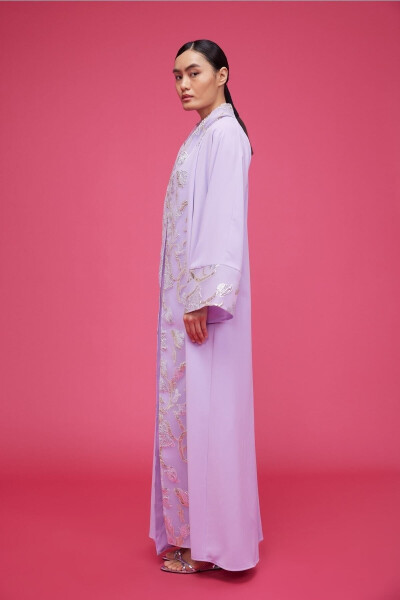 Brocade Embroidered Abaya Lilac & Shawl - 3