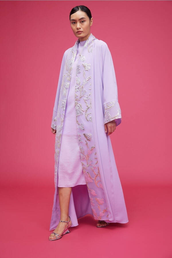 Brocade Embroidered Abaya Lilac & Shawl - 4