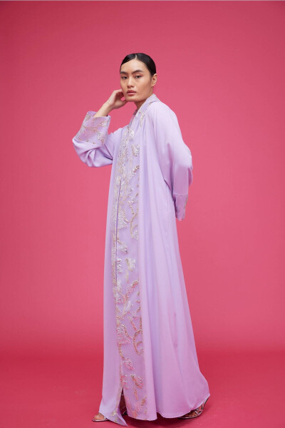 Brocade Embroidered Abaya Lilac & Shawl - 8