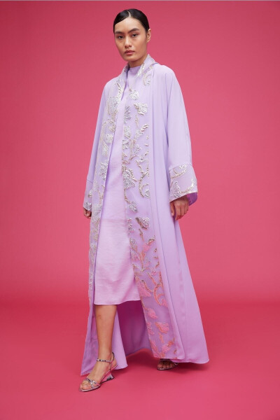 Brocade Embroidered Abaya Lilac & Shawl - 10