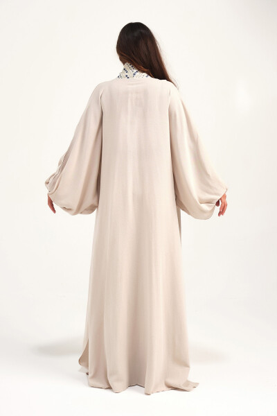 Brocade Embroidered Linen Kaftan Beige - 9