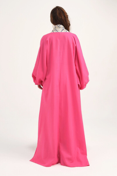 Brocade-Embroidered Linen Kaftan Fuchsia - 4