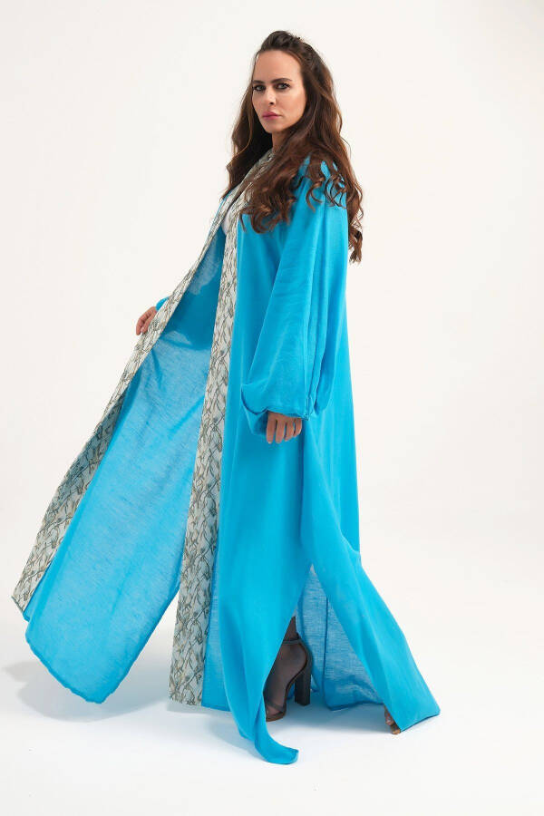 Brocade Embroidered Linen Kaftan Turquoise - 1