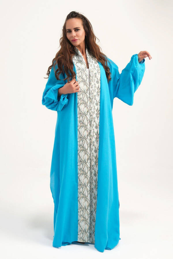 Brocade Embroidered Linen Kaftan Turquoise - 2