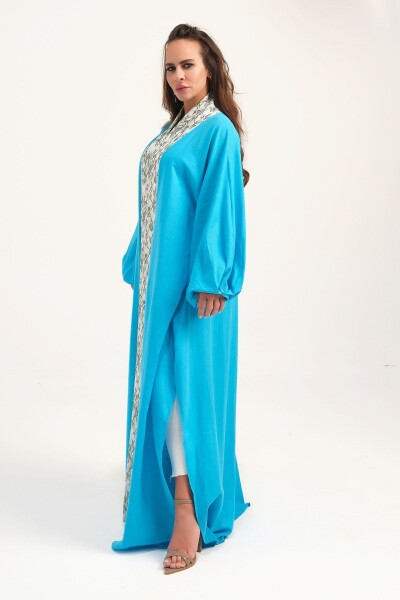 Brocade Embroidered Linen Kaftan Turquoise - 3