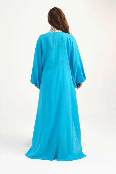 Brocade Embroidered Linen Kaftan Turquoise - 4