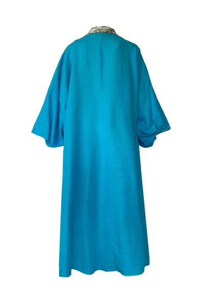 Brocade Embroidered Linen Kaftan Turquoise - 6