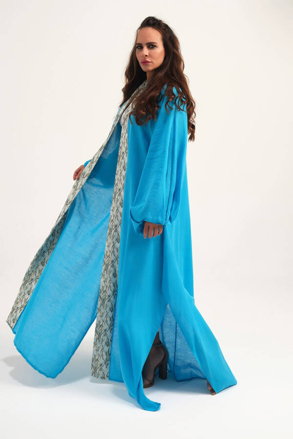 Brocade Embroidered Linen Kaftan Turquoise - 7