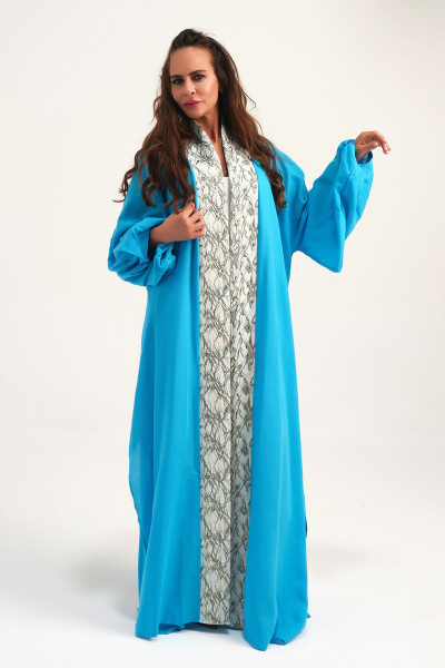 Brocade Embroidered Linen Kaftan Turquoise - 8