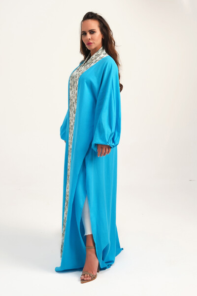 Brocade Embroidered Linen Kaftan Turquoise - 9