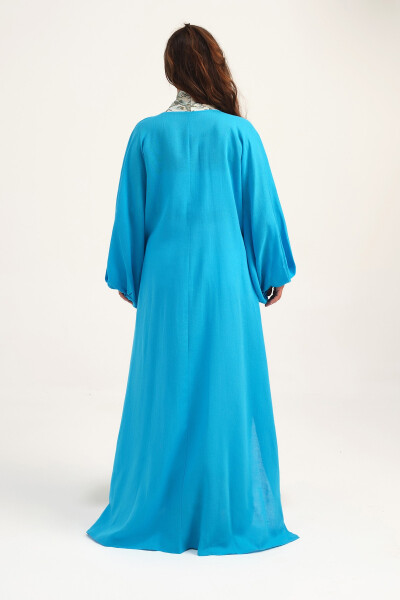 Brocade Embroidered Linen Kaftan Turquoise - 10