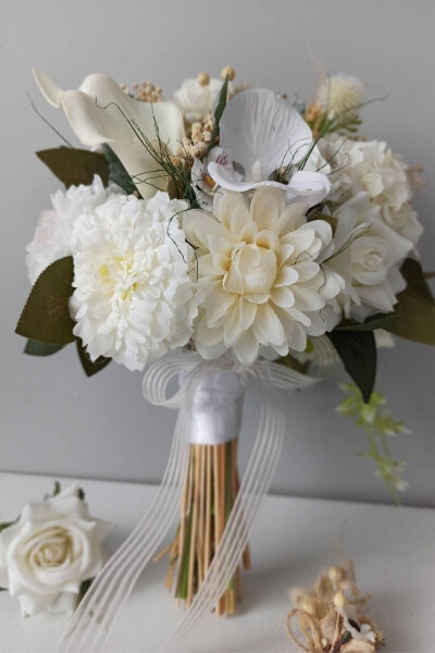 Broken White - Cream Color Dried and Artificial Flower Bridal Bouquet Engagement Flower - Lapel Flower Gift - 1