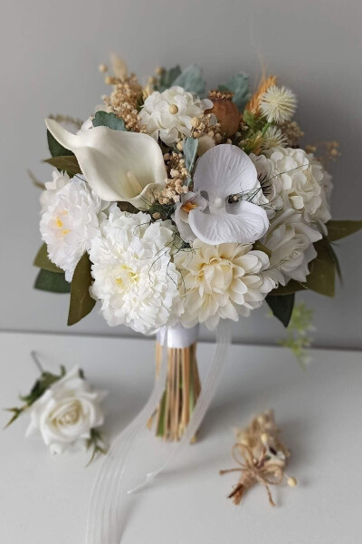 Broken White - Cream Color Dried and Artificial Flower Bridal Bouquet Engagement Flower - Lapel Flower Gift - 2