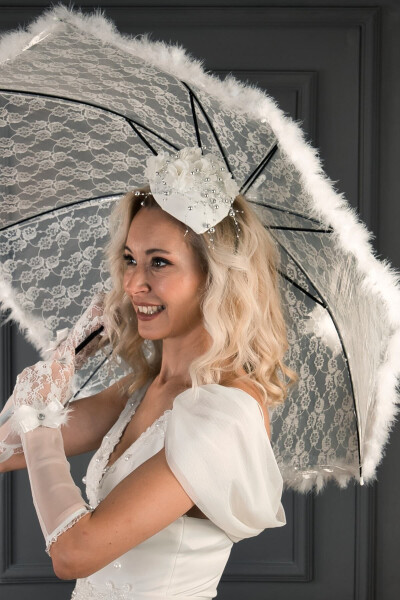 Broken White Feathered Bridal Umbrella - 4