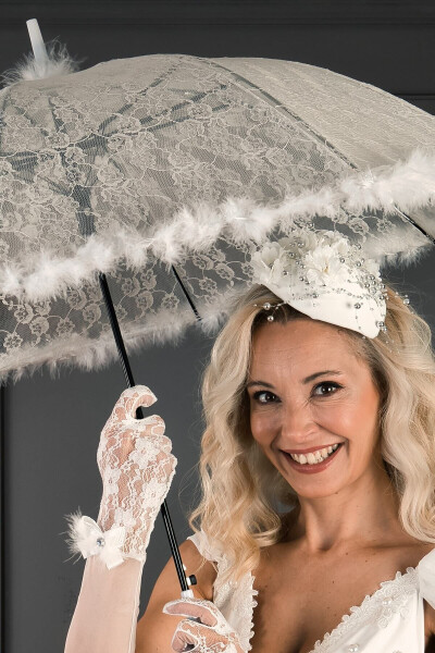 Broken White Feathered Bridal Umbrella - 6