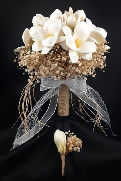 Broken White Magnolia Bridal Bouquet Beige Chip Bridal Flower, Corsage, Bridal Bouquet - 7