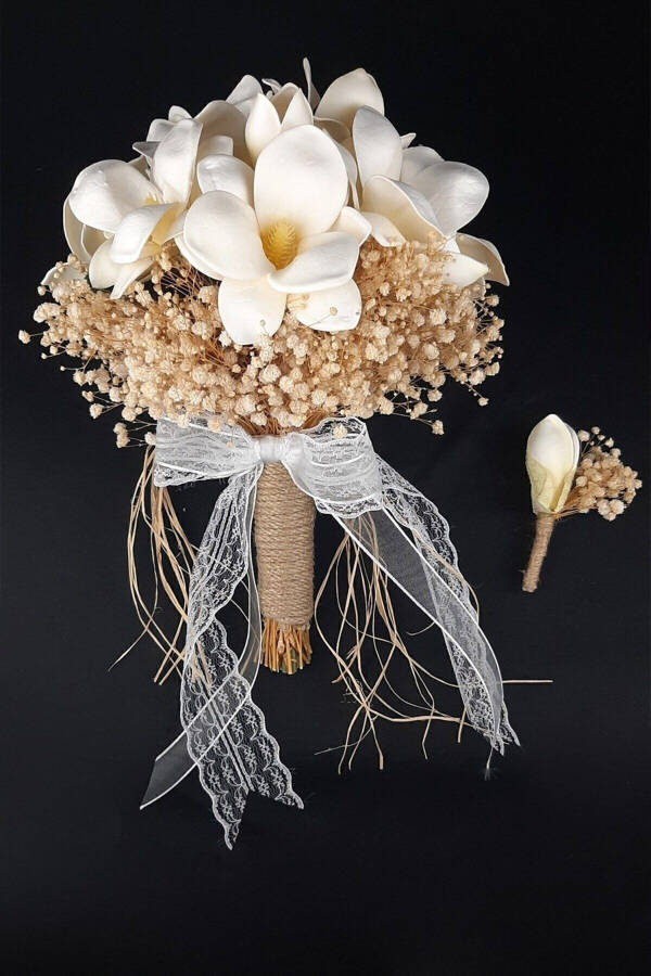 Broken White Magnolia Bridal Bouquet Beige Chip Bridal Flower, Corsage, Bridal Bouquet - 9