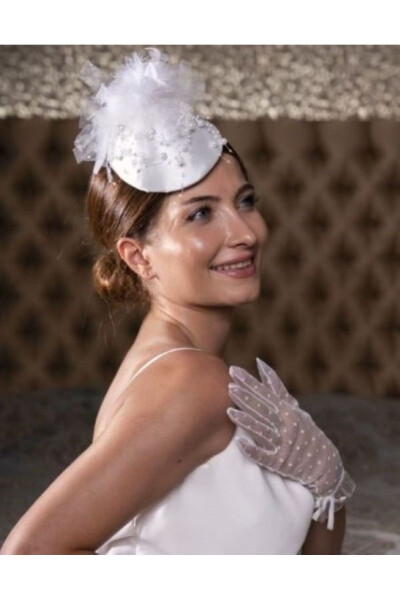 Broken White Pearl Feathered Bridal Hat Violet Bonnet - 3