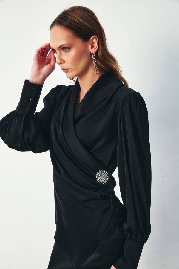 Brooch Lapel Blouse - BLACK - 1