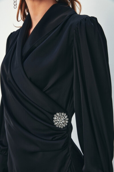 Brooch Lapel Blouse - BLACK - 7