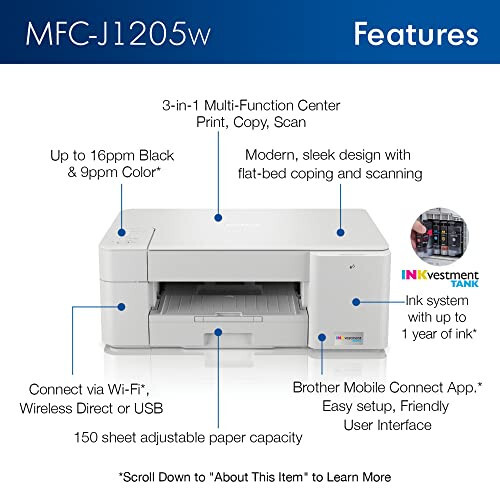 Brother MFC-J1205W INKvestment -Tank Wireless Multi-Function Color Inkjet Printer with Up to 1-Year in Box - 4