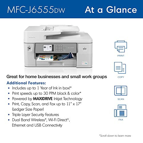 Brother MFC-J6555DW INKvestment Tank Color Inkjet All-in-One Printer with up to 1 Year of Ink in-box1 and 11” x 17” Print, Copy, scan, and fax Capabilities - 2