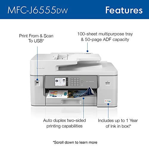 Brother MFC-J6555DW INKvestment Tank Color Inkjet All-in-One Printer with up to 1 Year of Ink in-box1 and 11” x 17” Print, Copy, scan, and fax Capabilities - 3