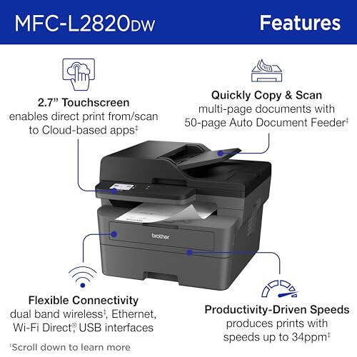 Brother MFC-L2820DW Simsiz Kompakt Monoxrom Ko'p Funktsiyali Lazer Printeri, Nusxa Ko'chirish, Skana qilish va Faks, Ikki tomonlama bosib chiqarish, Qora va Oq | Yangilash obuna sinovi (1) o'z ichiga oladi, Amazon Dashni to'ldirishga tayyor - 3