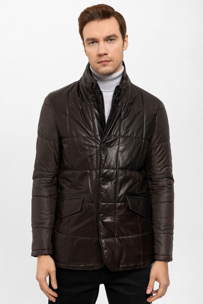 Brown Caldo Quilted Zippered Genuine Leather Men's Jacket - 1