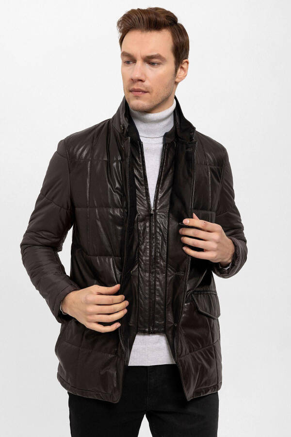 Brown Caldo Quilted Zippered Genuine Leather Men's Jacket - 3