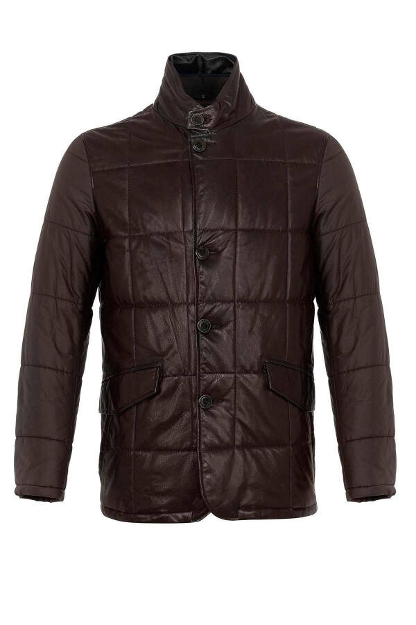 Brown Caldo Quilted Zippered Genuine Leather Men's Jacket - 6