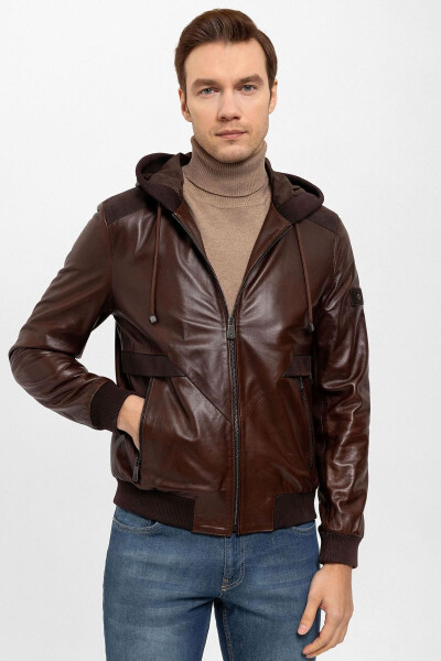 Brown Dexter Hooded Men's Genuine Leather Jacket - 1