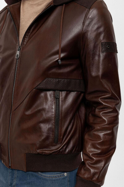 Brown Dexter Hooded Men's Genuine Leather Jacket - 6