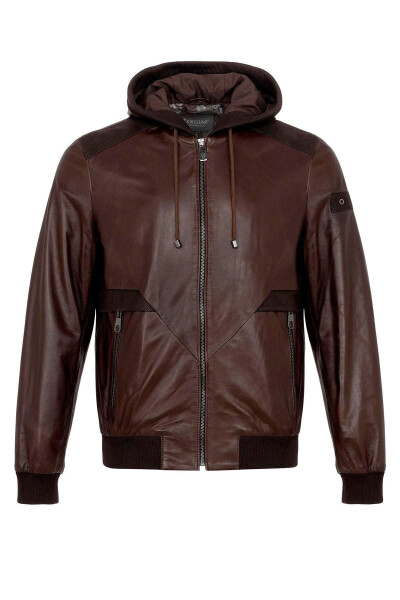 Brown Dexter Hooded Men's Genuine Leather Jacket - 7