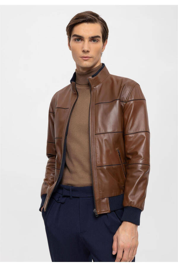 Brown Martin Double-Sided Coffee Fabric Zippered Collar Sleeve and Waist Knitted Men's Genuine Leather Jacket - 1